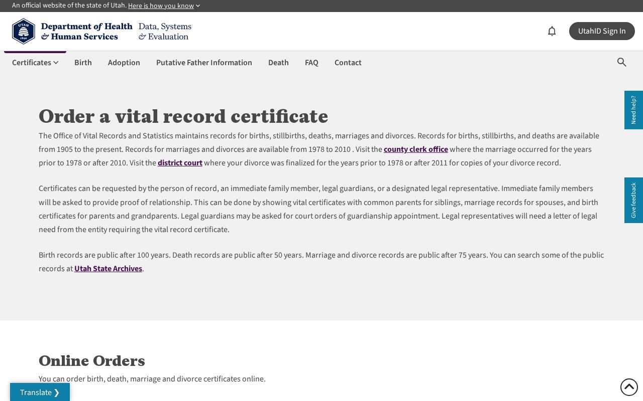 Ogden vital records certificate applications from the Utah state office